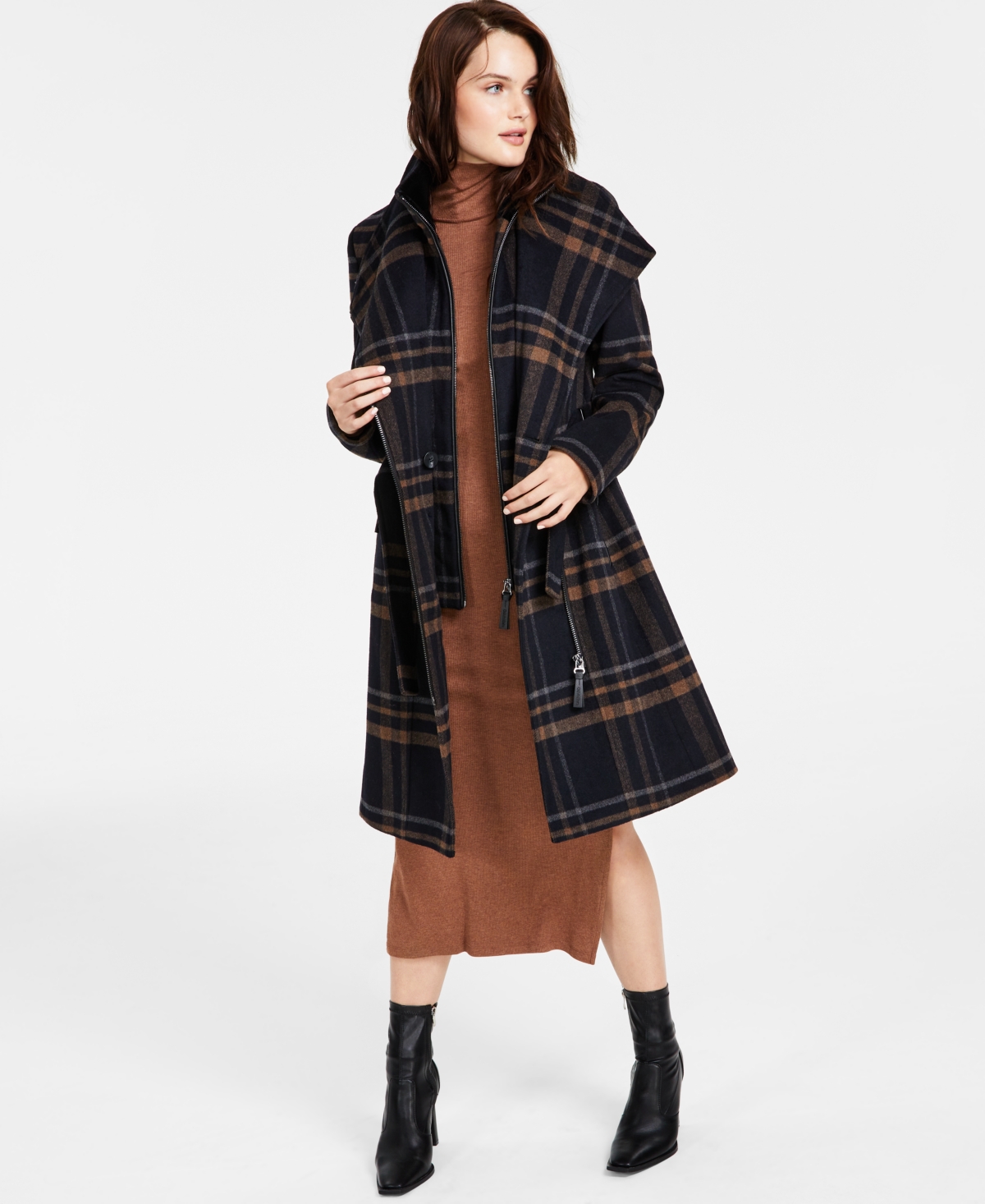 Calvin Klein Women's Faux-Leather Trim Belted Wrap Coat, Created for Macy's