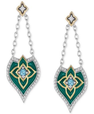 Enchanted Disney Fine Jewelry - Swiss Blue Topaz (1/4 ct. t.w.) & Diamond (1/5 ct. t.w.) Enamel Jasmine Chain Drop Earrings in Sterling Silver & 10k Gold