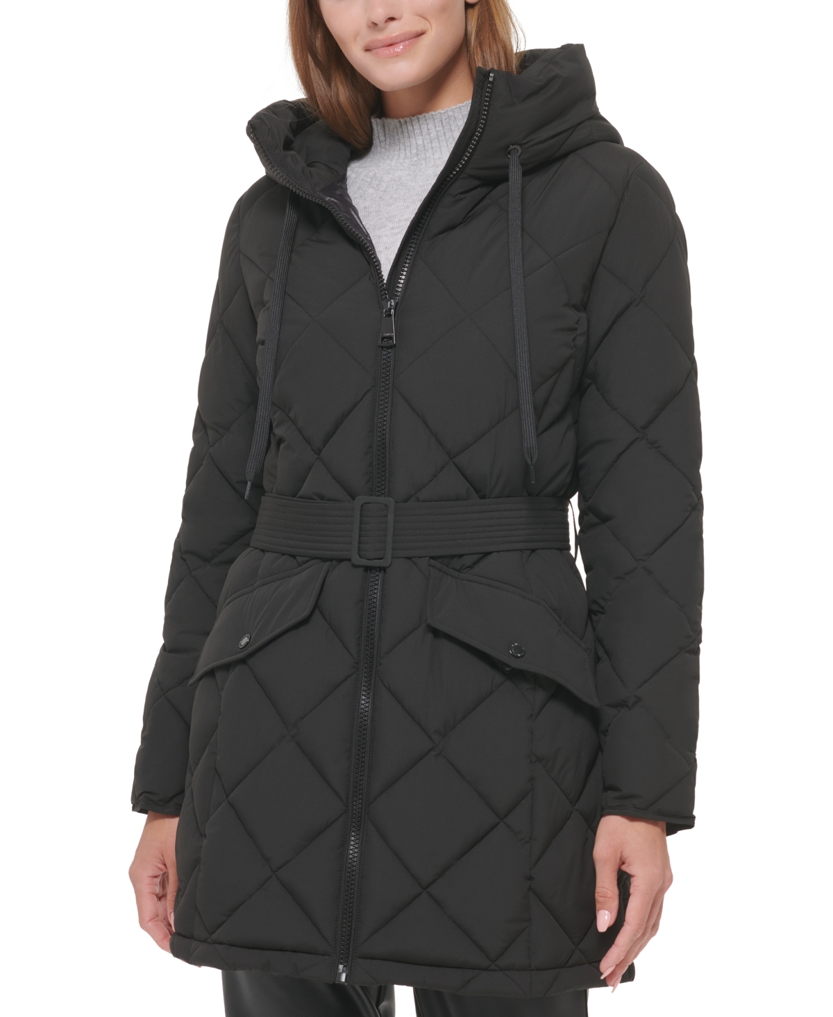 Calvin Klein Women's Hooded Belted Diamond Quilted Coat