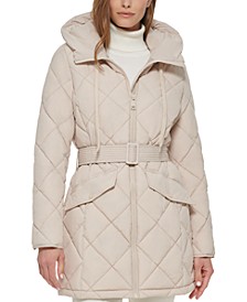 Women's Hooded Belted Diamond Quilted Coat