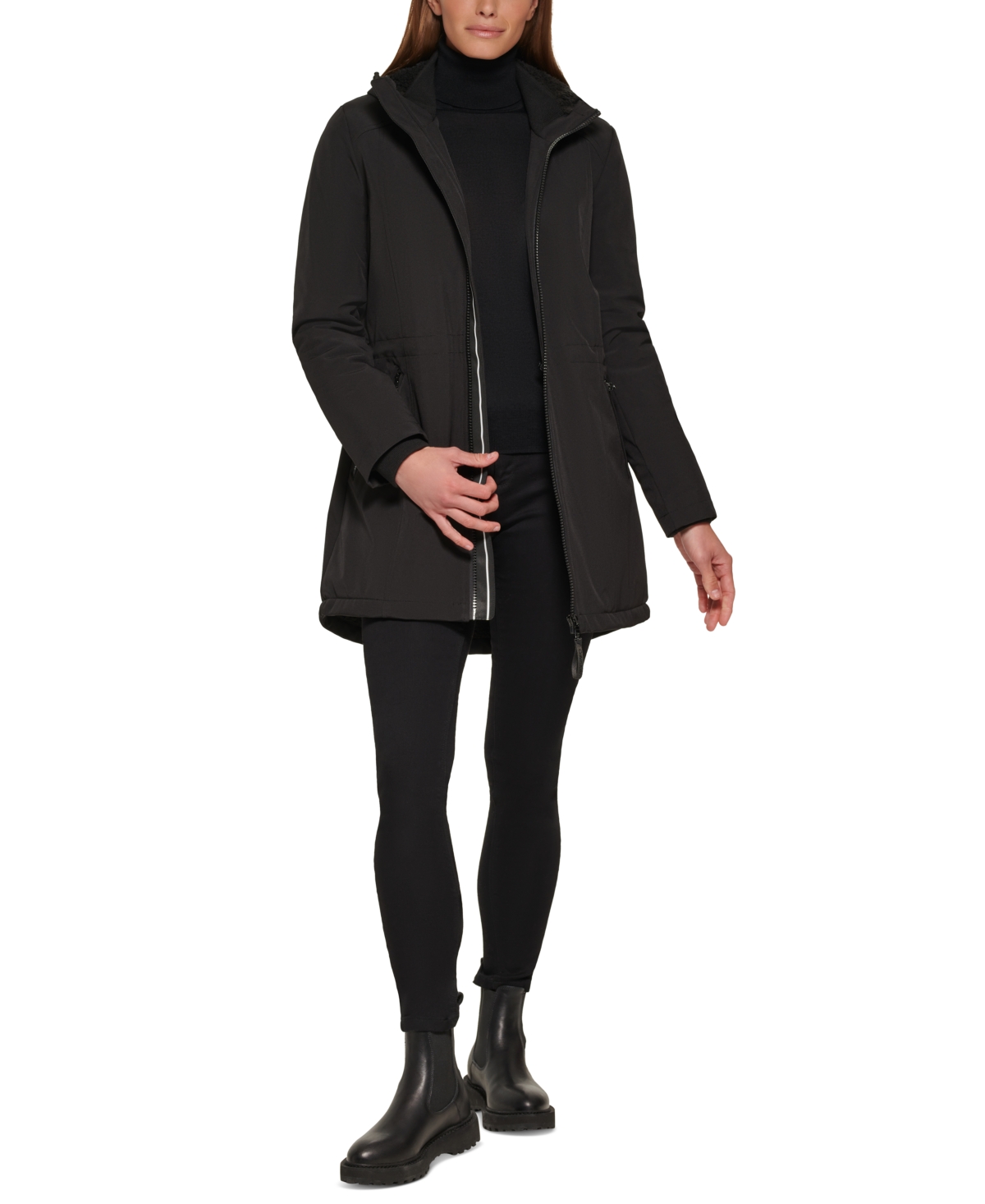 Calvin Klein Women's Petite Hooded Faux-Fur-Lined Anorak Raincoat