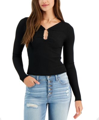 Derek Heart - Juniors' Ribbed Keyhole-Cutout Sweater