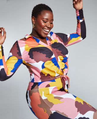 Bar III - Plus Size Printed Tie-Hem Top