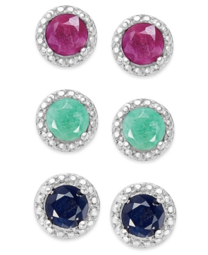 image of Emerald (1/2 ct. t.w.), Ruby (5/8 ct. t.w.) and Sapphire (5/8 ct. t.w.) Earring Set in Sterling Silver