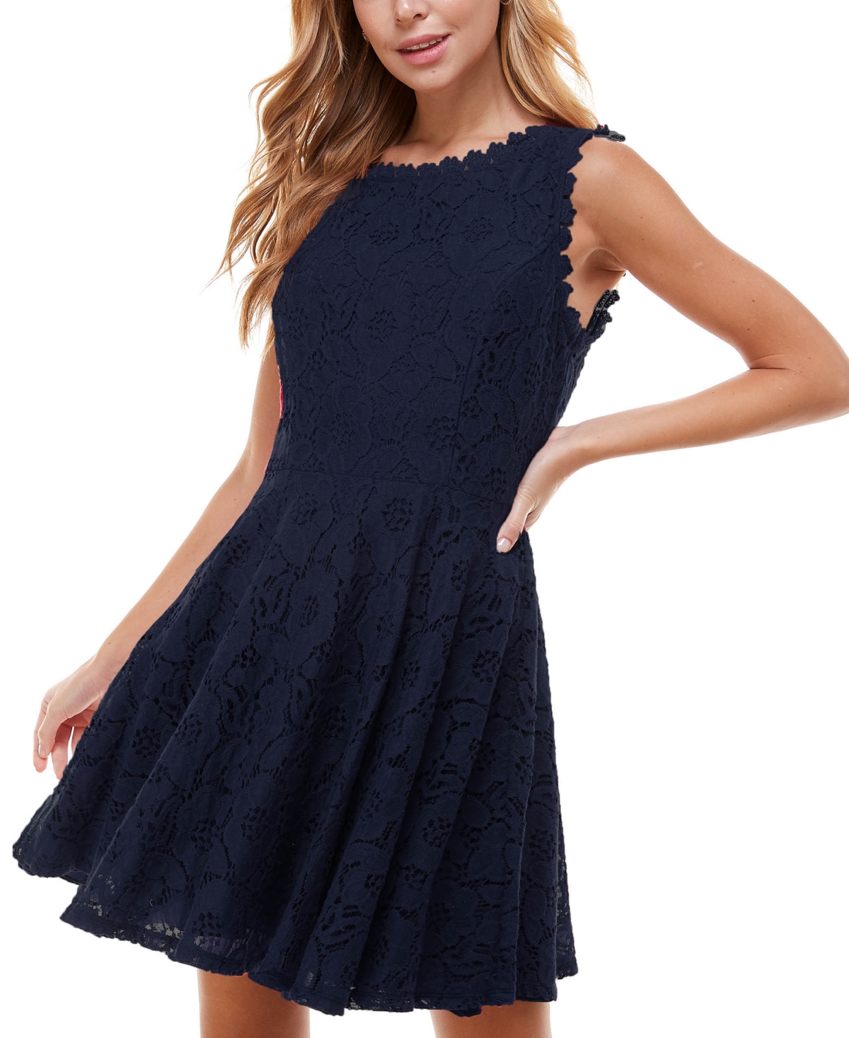 City Studios Juniors' Lace Fit & Flare Dress In Navy