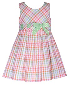 Baby Girls Seersucker Plaid Dress with Pull Through Ribbon at Waist with Matching Panty