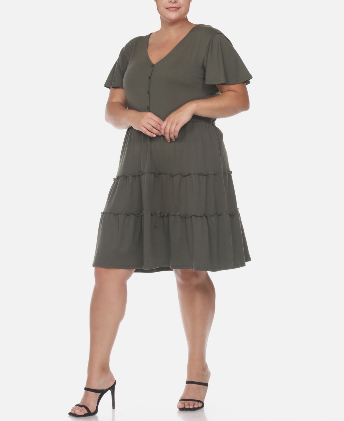 White Mark Plus Size Short Sleeve V-neck Tiered Midi Dress