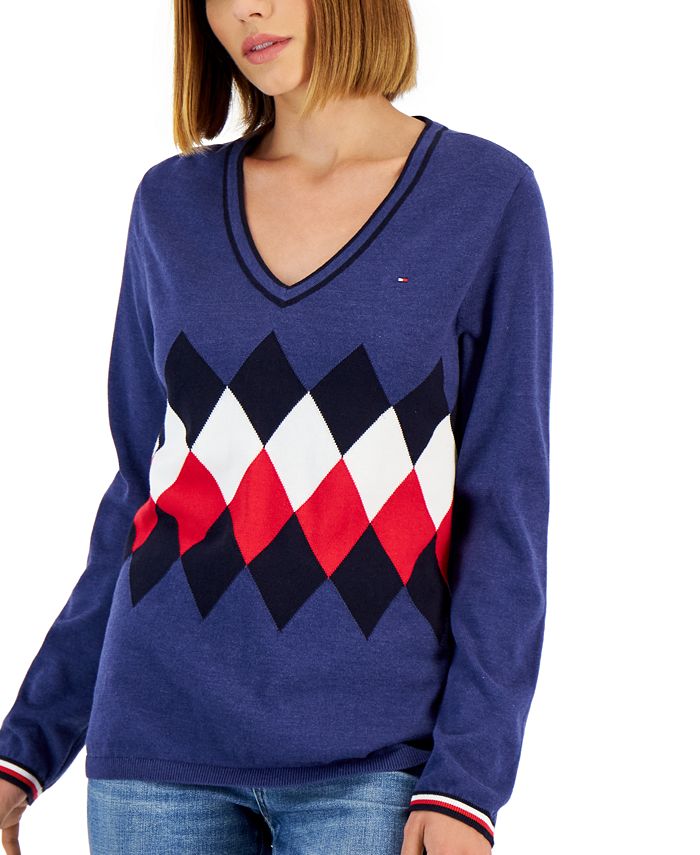 Tommy Hilfiger Women's Cotton Argyle VNeck Sweater Macy's