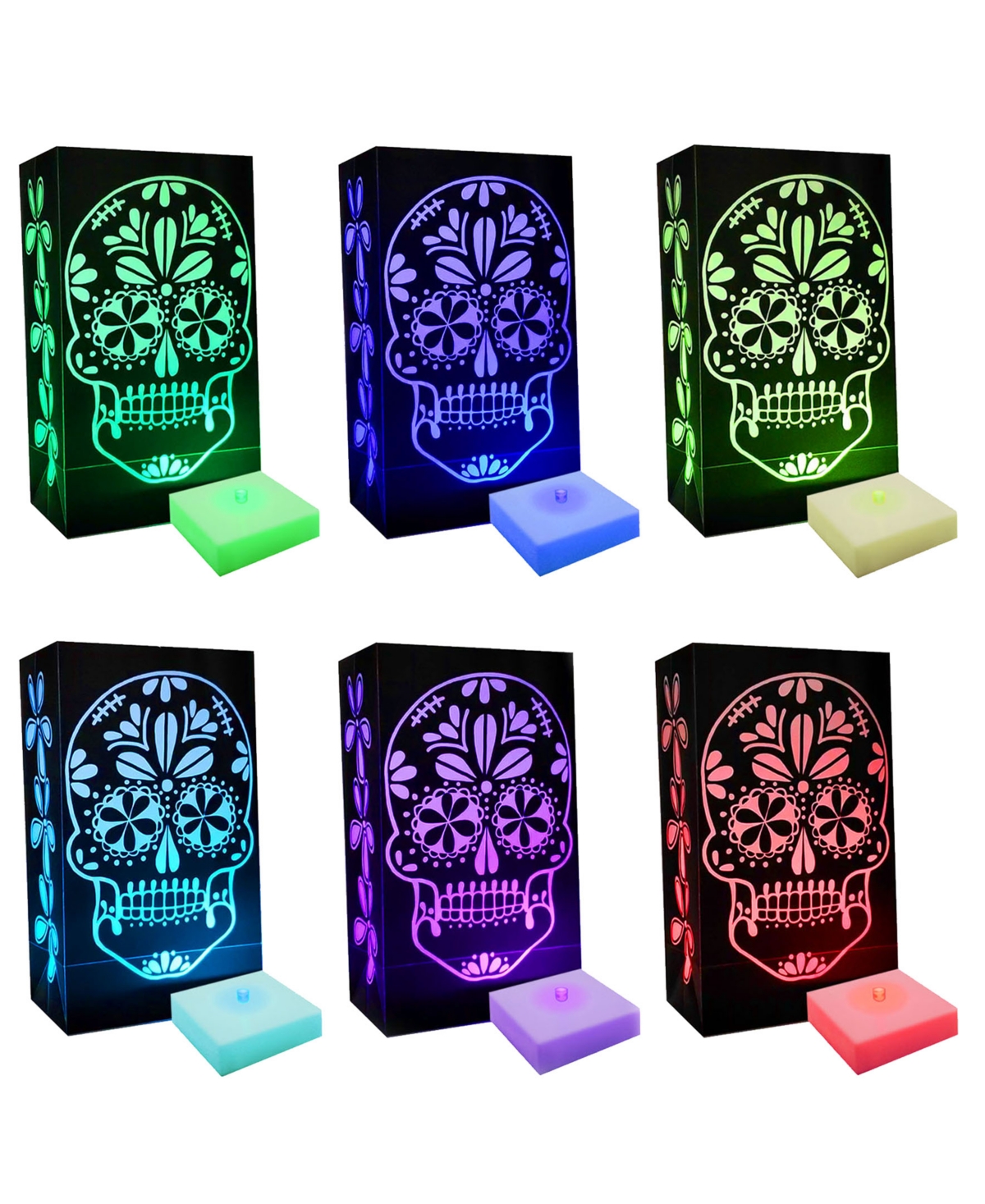 Battery Operated Led Color Changing Sugar Skull Luminaria Kit, 6 Pieces - Multicolor