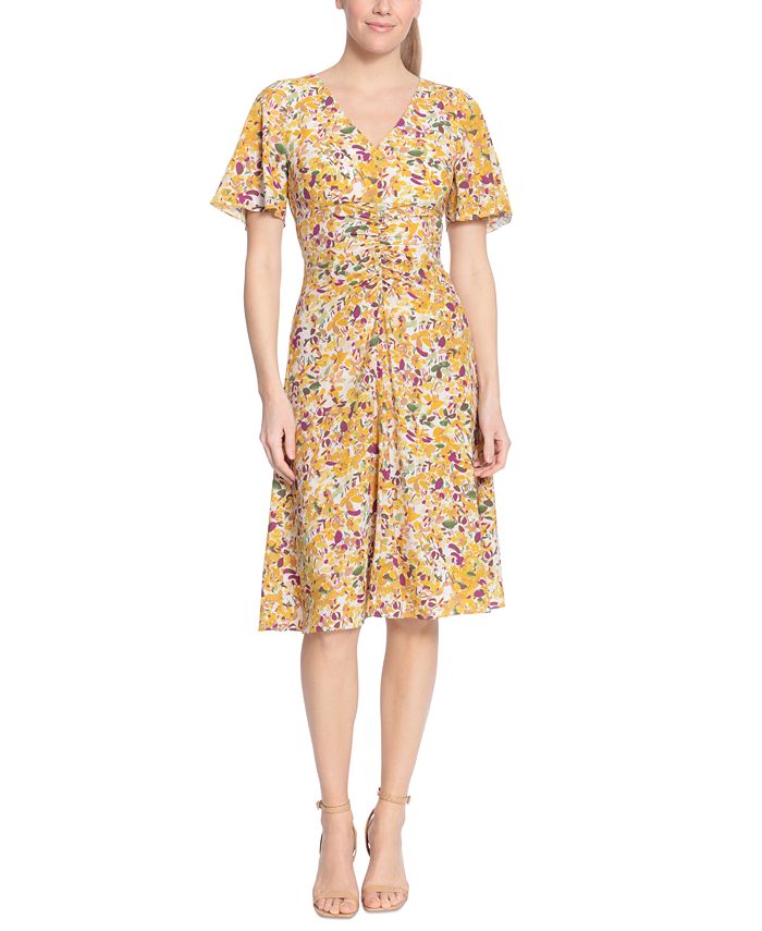 London Times Petite Ruched-Front Midi Fit & Flare Dress - Macy's