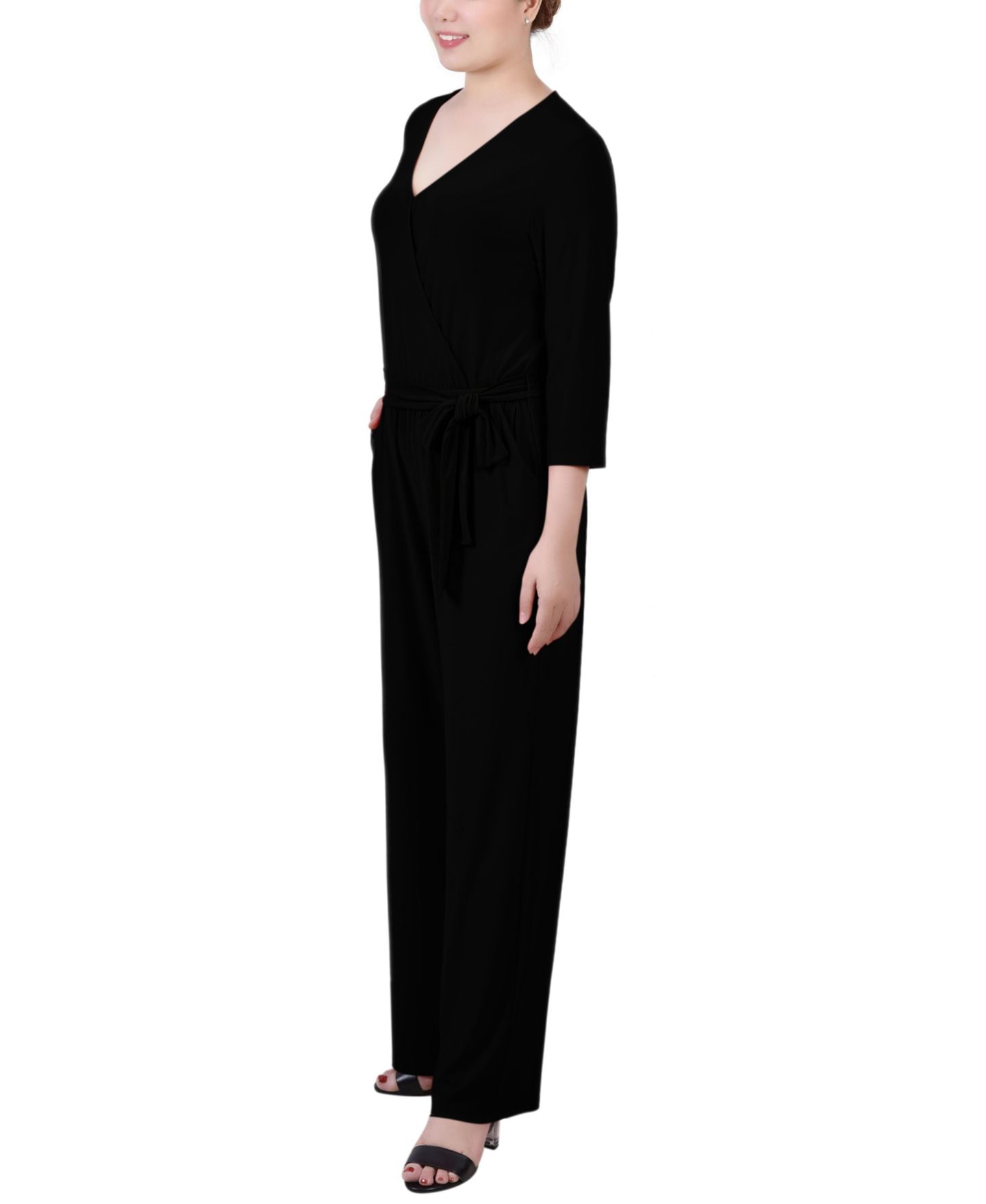 Женский комбинезон NY Collection 3/4 Sleeve Belted Jumpsuit, цвет: Чёрный — фото 3