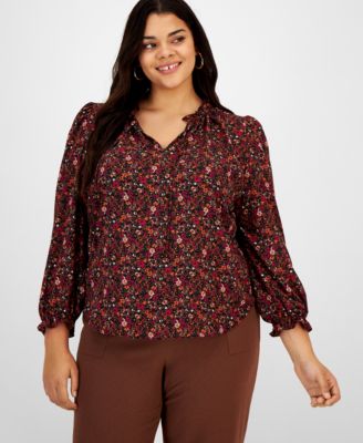 Bar III - Plus Size Floral-Print Ruffle-Neck Blouse