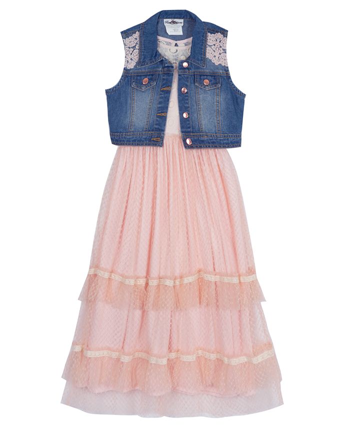 Rare Editions Big Girls Denim Vest with Tiered Clip Dot Mesh Dress, 2