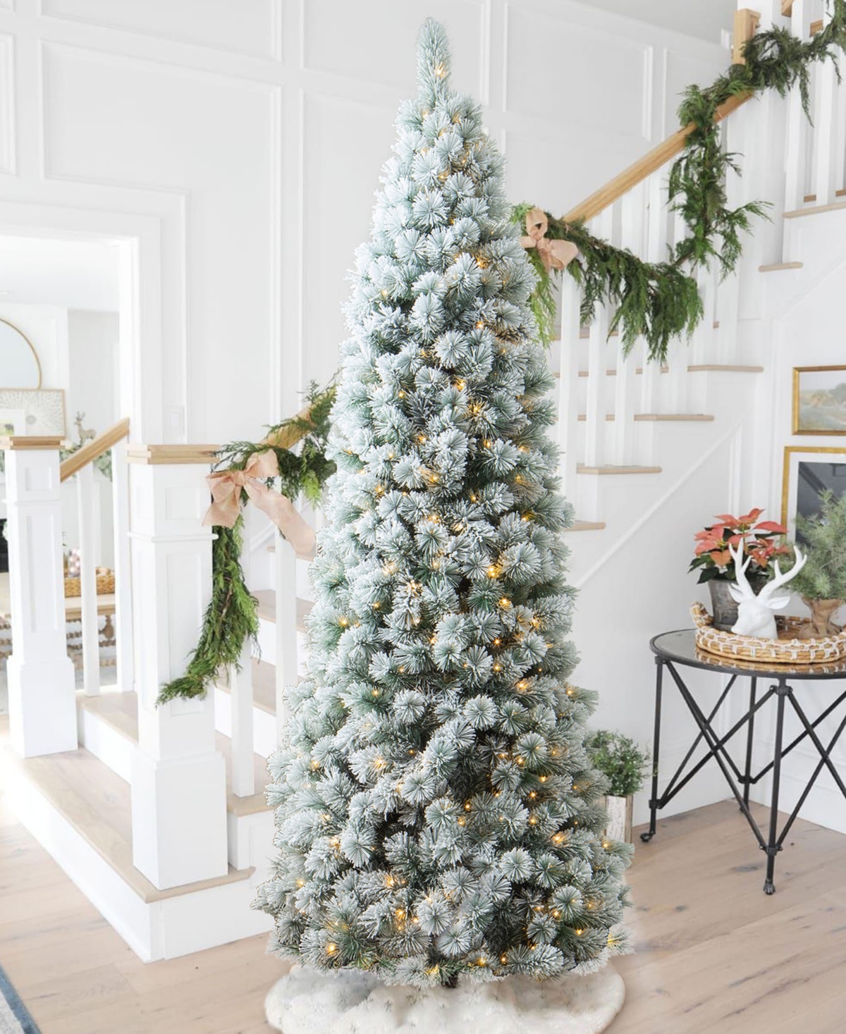 Glitzhome Pre-Lit Flocked Pencil Pine Artificial Christmas Tree with 500 WarmLights - White