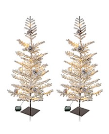 3' Pre-Lit Upward Wrapped Flocked Pine Artificial Christmas Greenery Table Tree with 35 Warm White Lights Set, 2 Piece