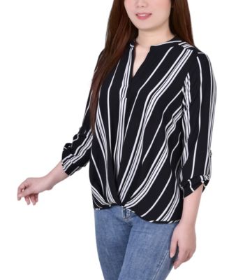 Petite Size 3/4 Push Tab Mandarin Collar Blouse with Front Pleats