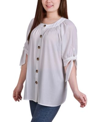 Petite Size Elbow Sleeve Tie-Sleeve Blouse