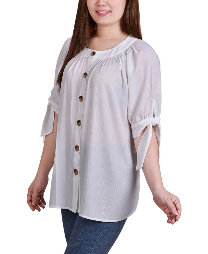 NY Collection Petite Size Elbow Sleeve Tie-Sleeve Blouse - Macy's