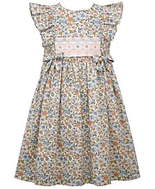 Toddler Girls Pinafore Ruffle Printed Poplin Empire Dress with Bows