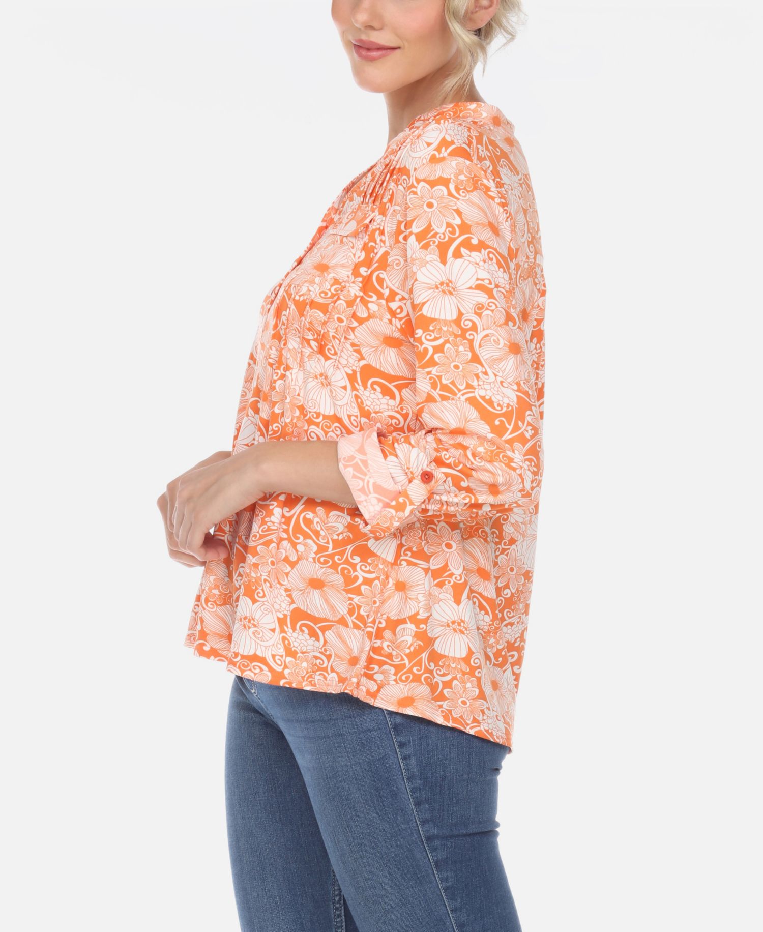 Plus Size Pleated Long Sleeve Floral Print Blouse