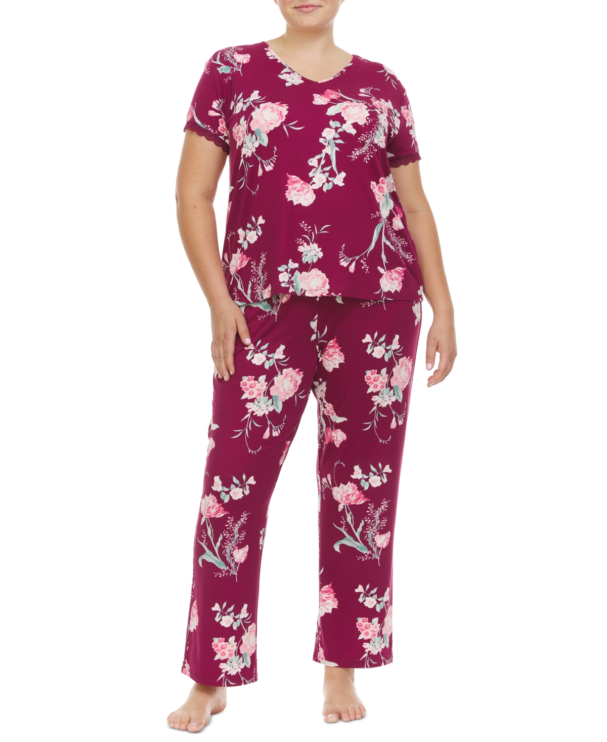 Flora By Flora Nikrooz Plus Size Floral-print Pajama Set In Plum