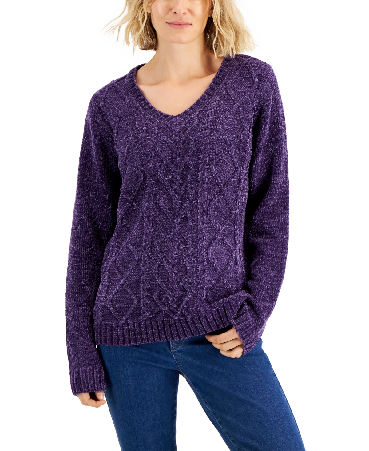 Karen Scott Women s Chenille Cable V Neck Sweater Created for Macy s Smart Closet
