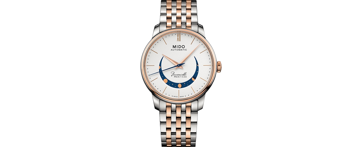 Mido Men's Swiss Automatic Baroncelli Smiling Moon Two Tone Stainless Steel Bracelet Watch 39mm In White