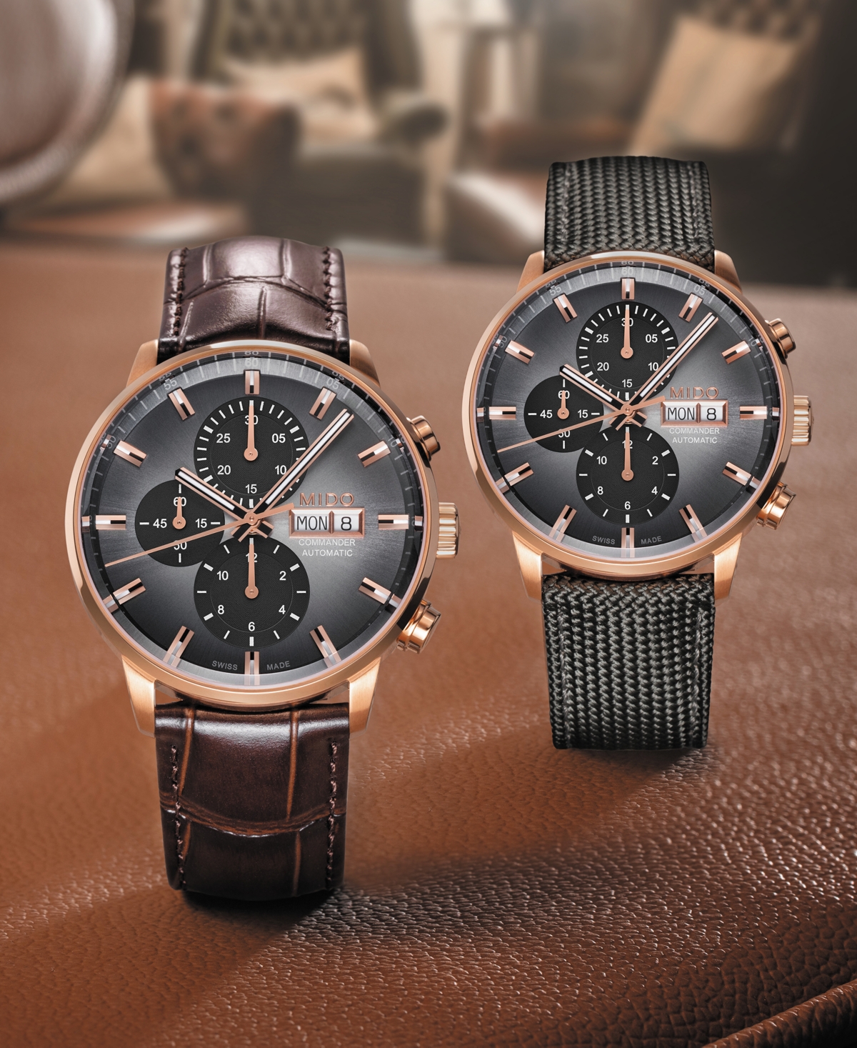 Shop Mido Men's Swiss Automatic Chronograph Commander Brown Leather Strap Watch 43mm In Gray