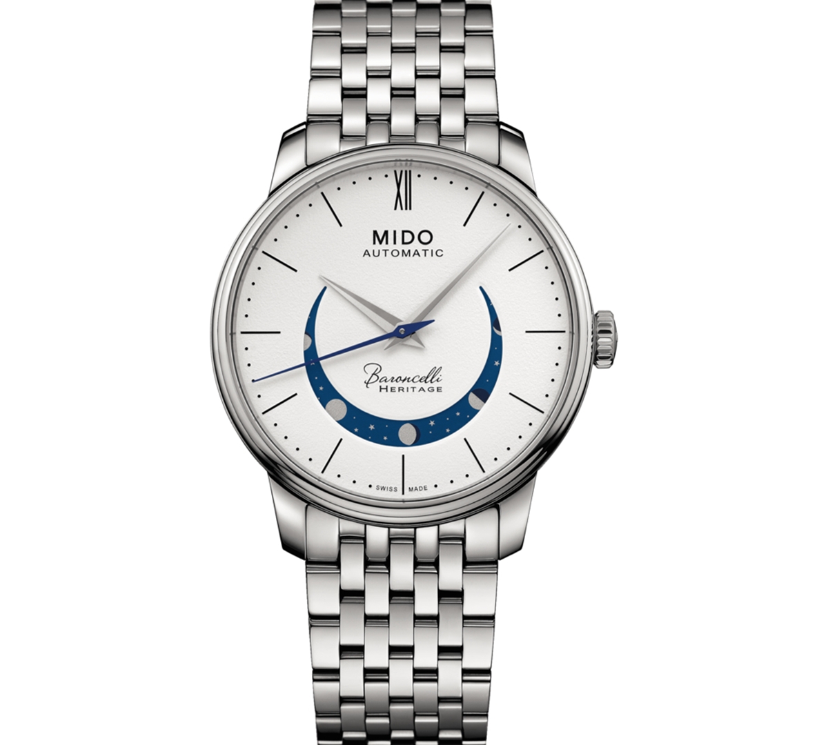 Mido Men's Swiss Automatic Baroncelli Smiling Moon Stainless Steel Bracelet Watch 39mm In White