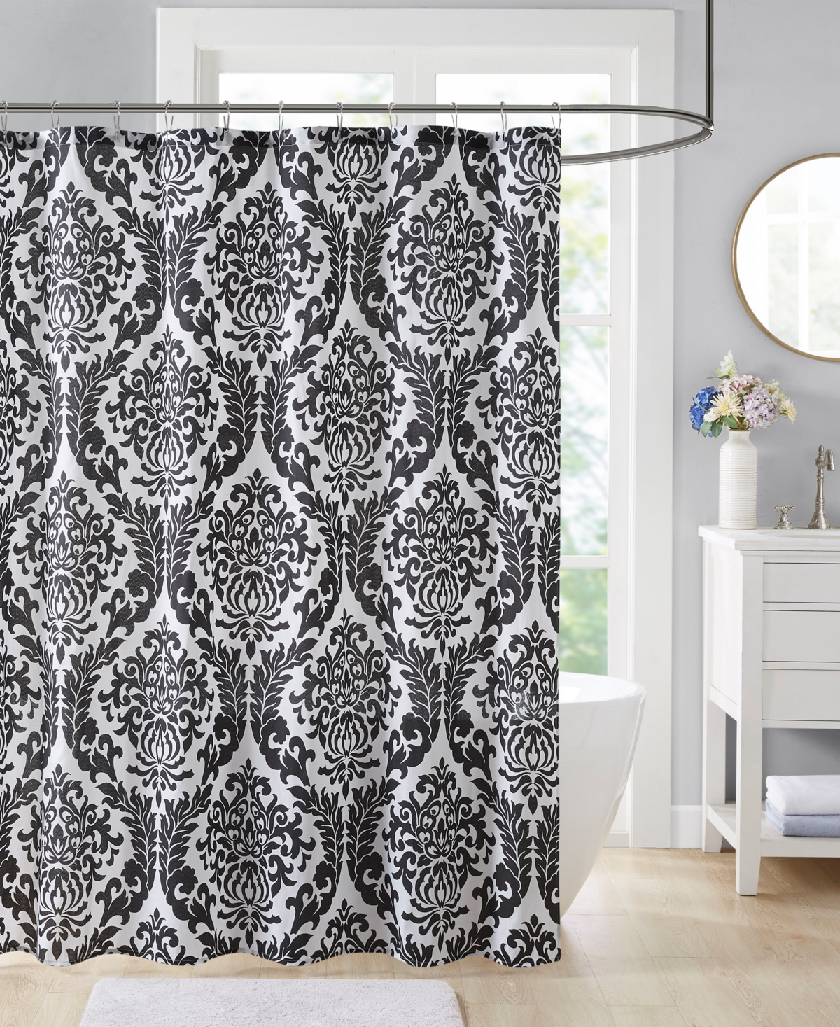 Decor Studio Damask Shower Curtain, 72" X 72" Bedding In Black And White