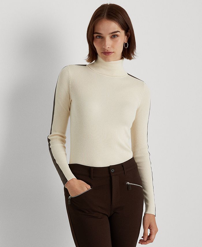Lauren Ralph Lauren Faux-Leather-Trim Turtleneck Sweater - Macy's