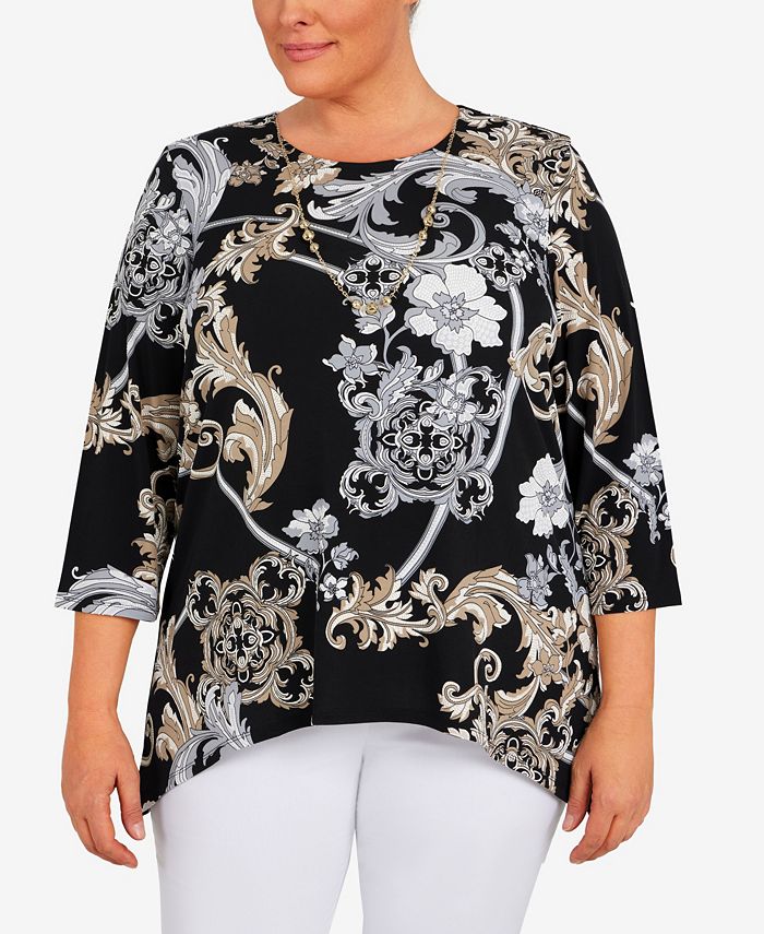 Alfred Dunner Floral Print Pointed Hem Top with Necklace - Plus