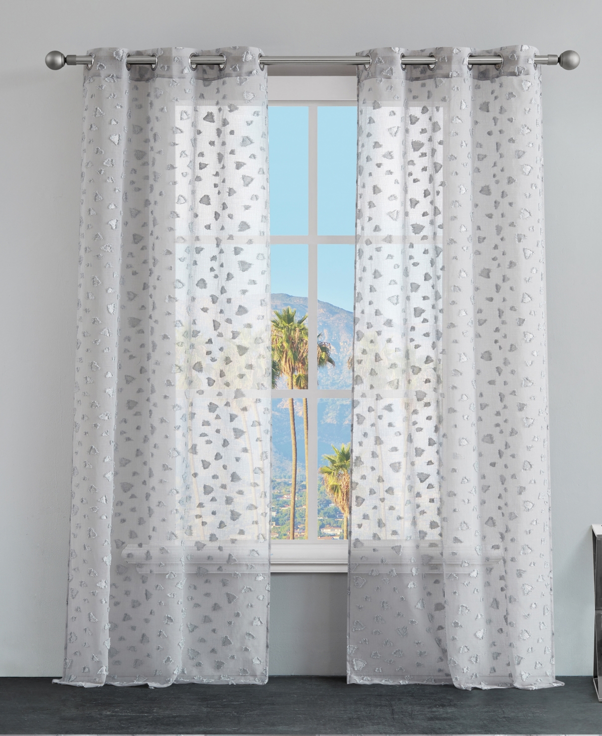 Ethel Leopard Embellished Sheer Grommet Window Curtain Panel Set, 38" x 96" - Black