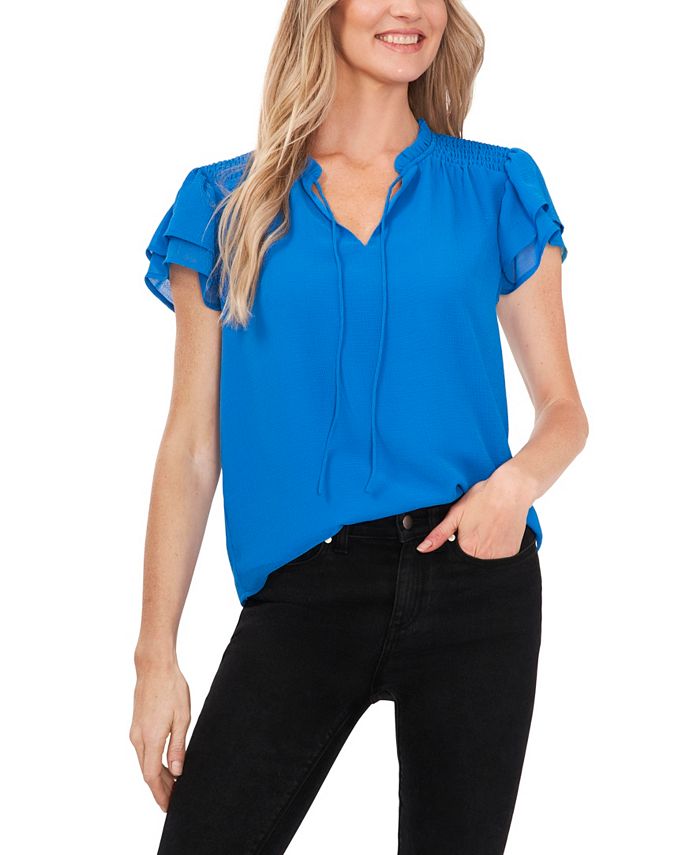 CeCe Women's Yoryu Short Flutter-Sleeve Tie Neck Blouse - Macy's