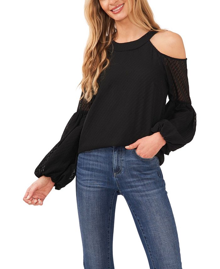 CeCe Women's Long Sleeve Cold-Shoulder Clip Dot Blouse - Macy's