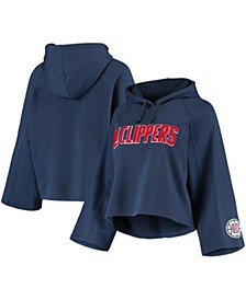 Women's Navy LA Clippers Chenille Logo Bell Sleeve Cropped Pullover Hoodie