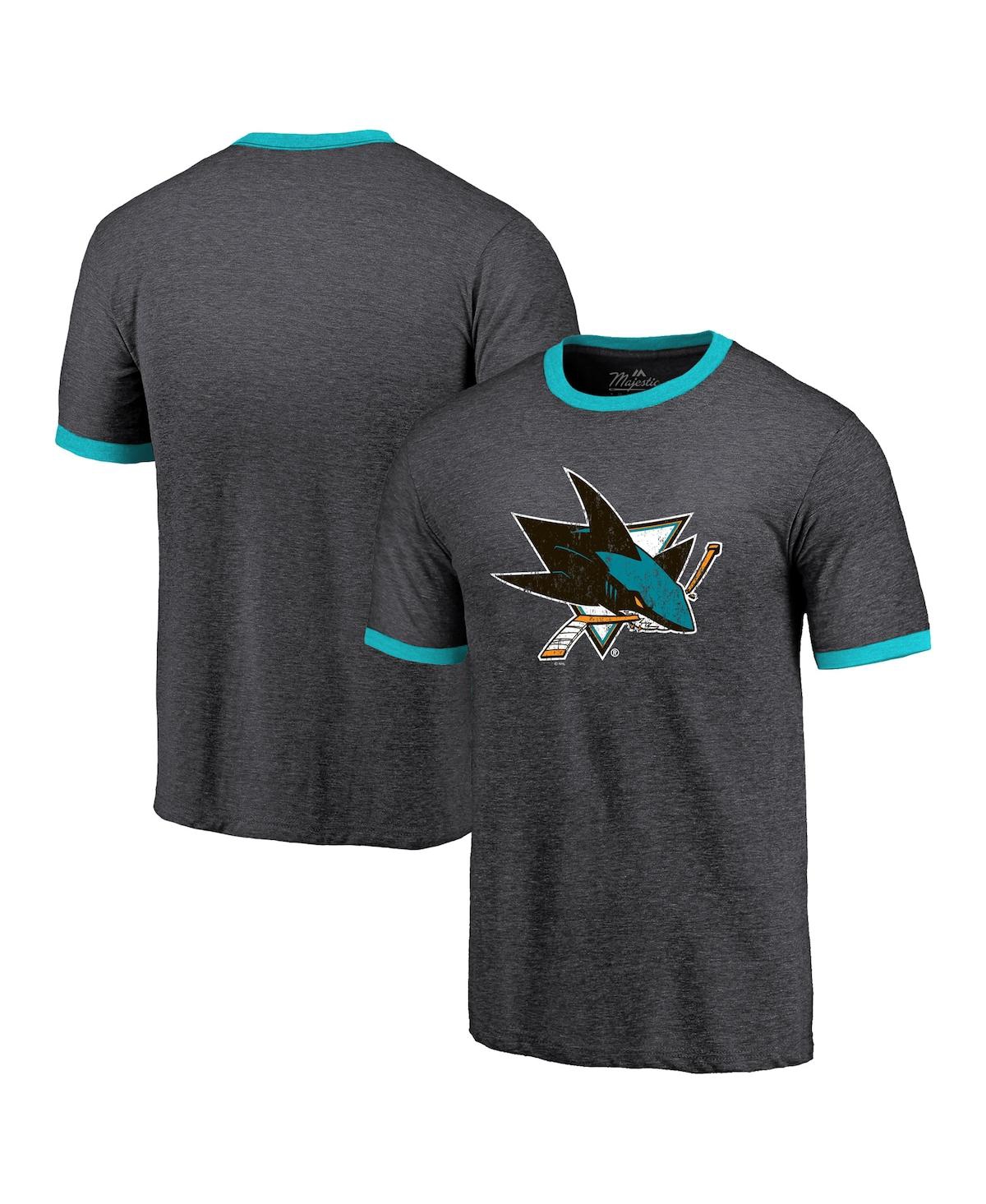 Shop Majestic Men's  Threads Heathered Black San Jose Sharks Ringer Contrast Tri-blend T-shirt