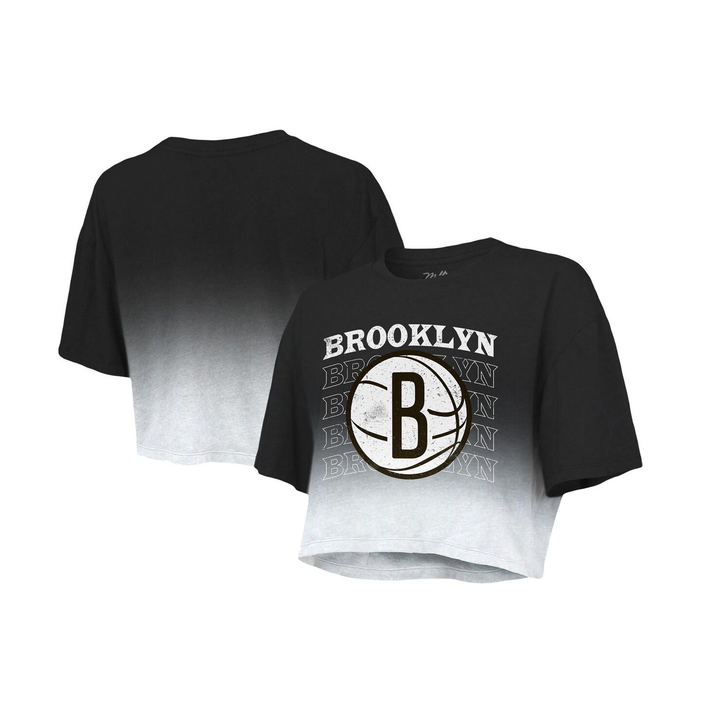 Женская футболка Majestic Threads Black and White Brooklyn Nets Repeat Dip-Dye Cropped — фото 2