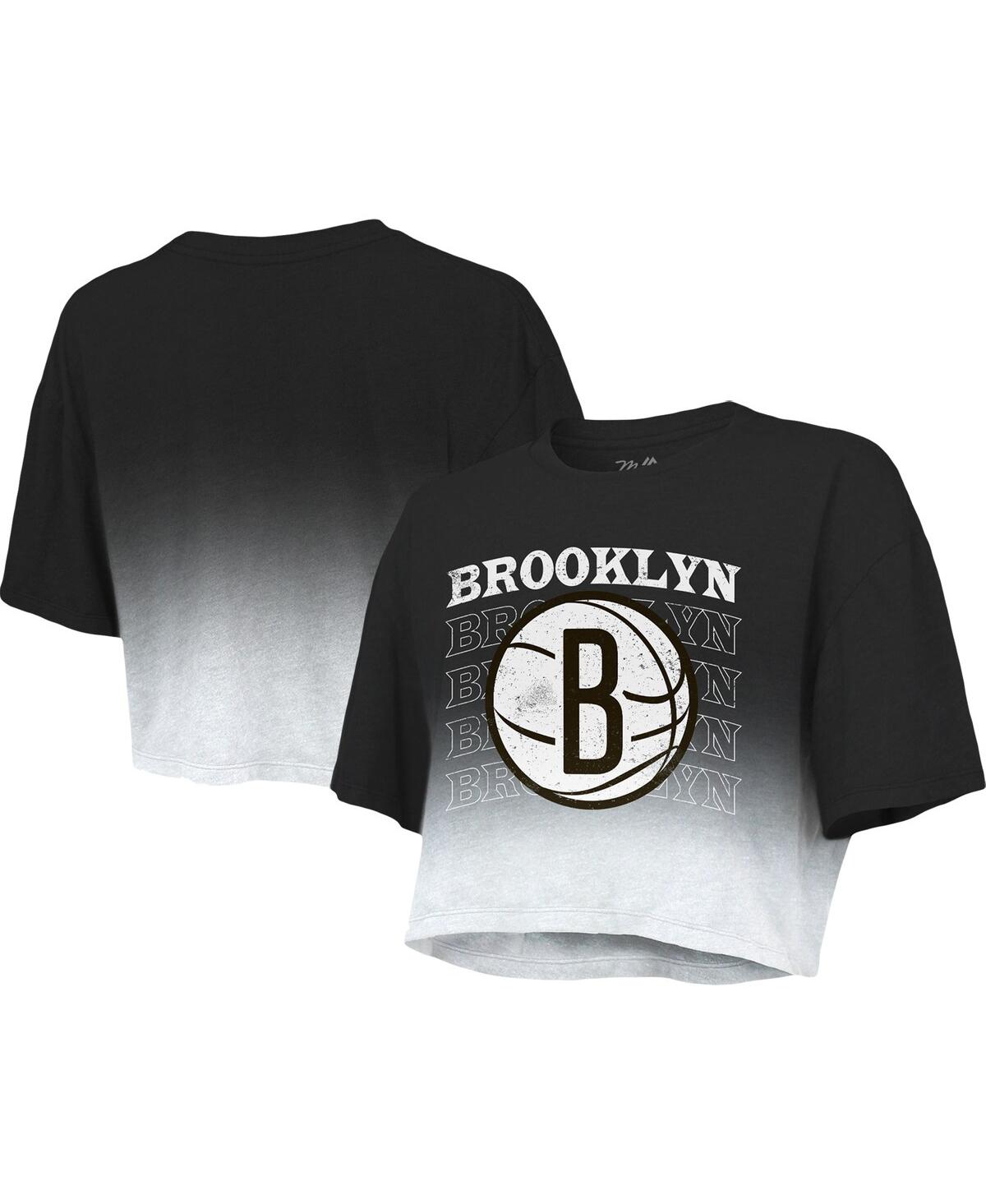 MAJESTIC WOMEN'S MAJESTIC THREADS BLACK AND WHITE BROOKLYN NETS REPEAT DIP-DYE CROPPED T-SHIRT 