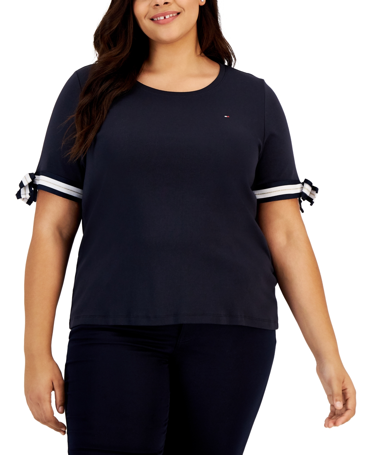 TOMMY HILFIGER PLUS SIZE COTTON TIE-SLEEVE TEE