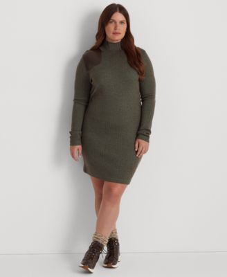 Lauren Ralph Lauren Plus-Size Faux-Leather-Trim Merino Wool Sweater Dress -  Macy's