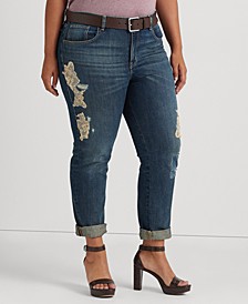 Plus-Size Lace Patchwork Relaxed Tapered Jeans