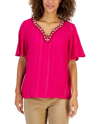 JM Collection - Women's Embellished Split-Neck Top