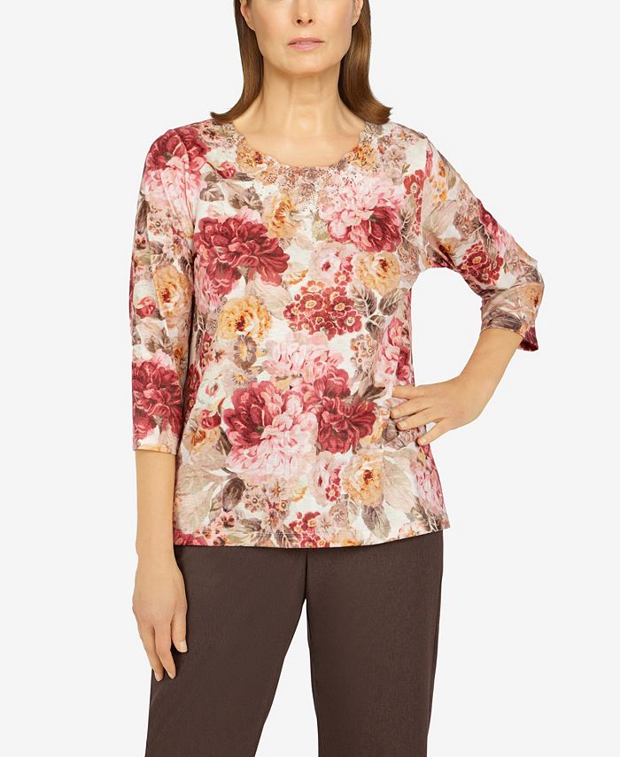 Alfred Dunner Women's Sorrento Tapestry Floral Print Lace Neck Top - Macy's