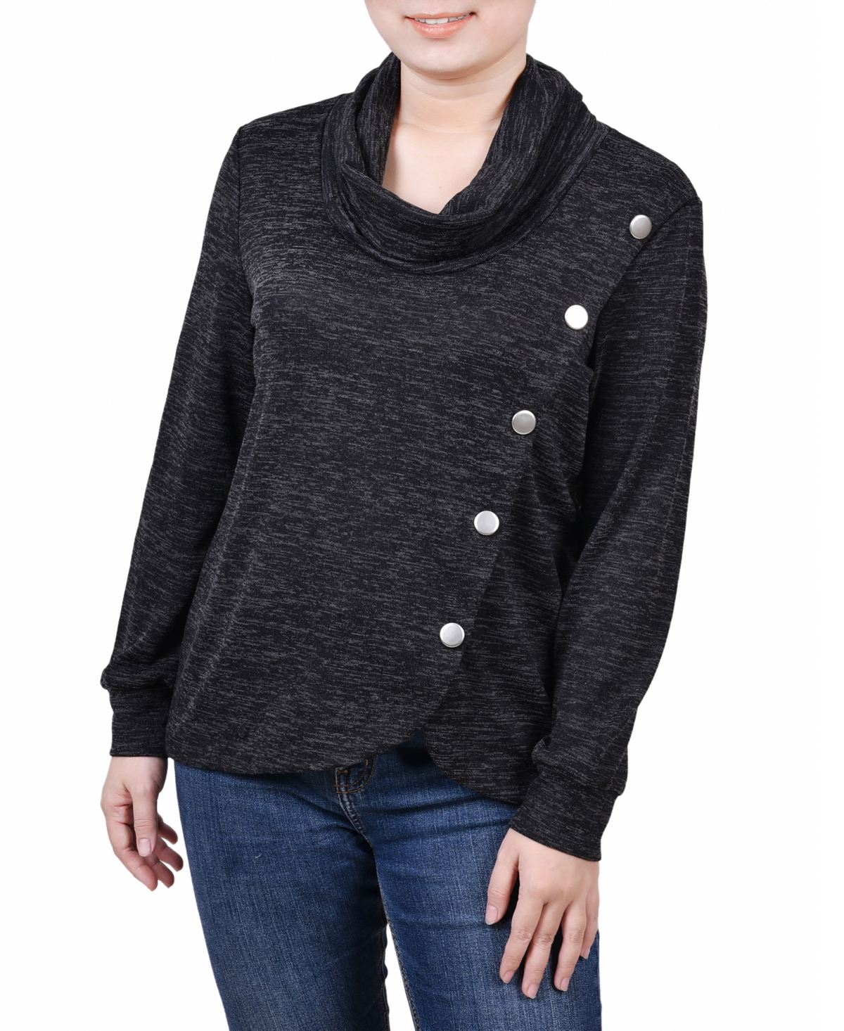 Shop Ny Collection Women's Missy Long Sleeve Overlapping Cowl Neck Top In Black Enzoz