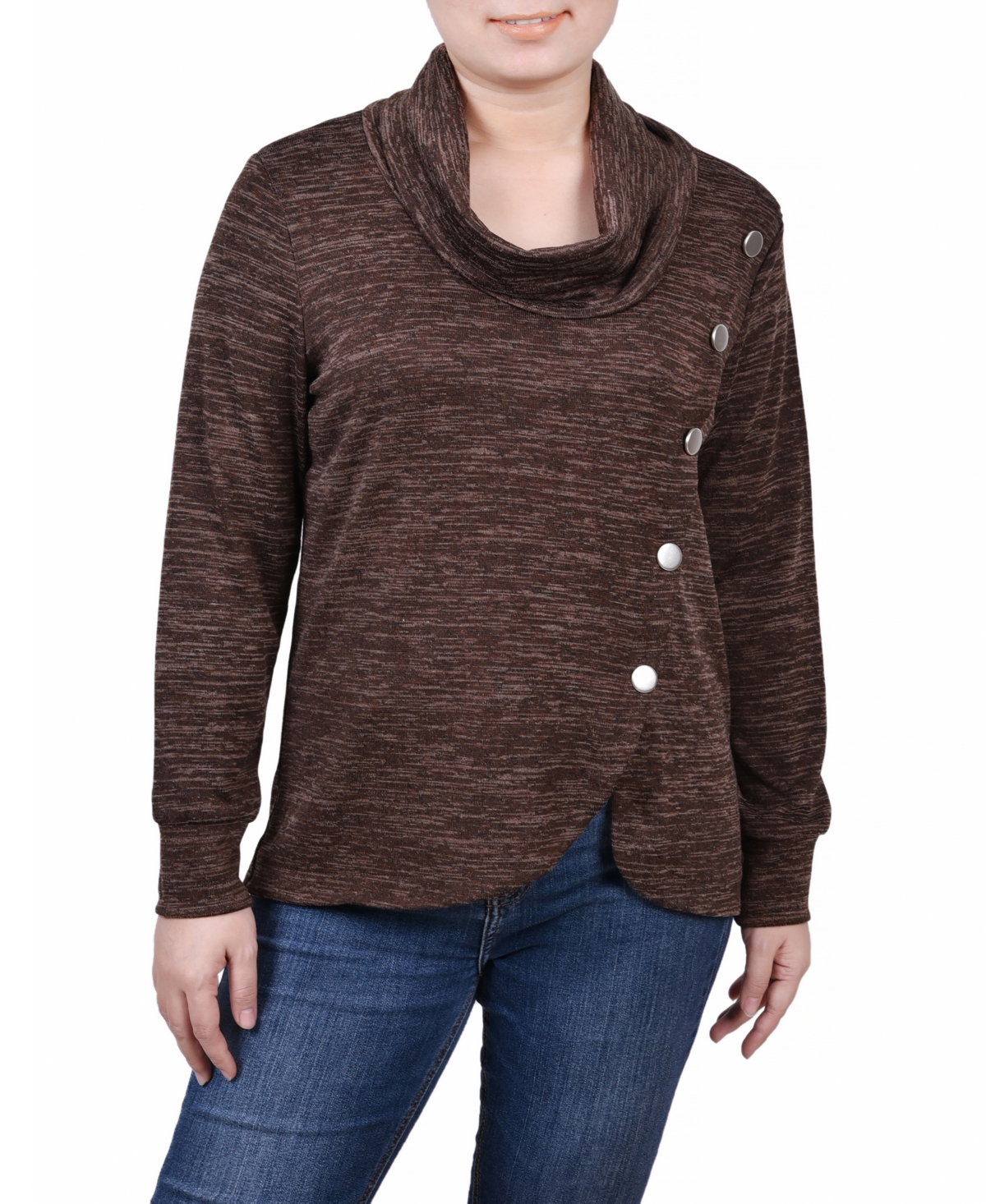 Ny Collection Women's Missy Long Sleeve Overlapping Cowl Neck Top In Brown Enzo