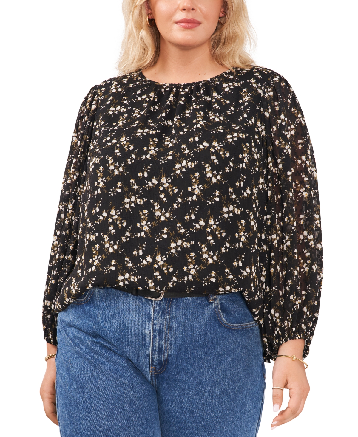 Vince Camuto Plus Size Printed Blouson-Sleeve Top