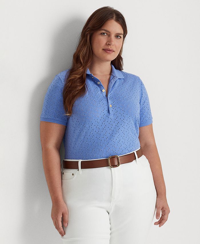 Lauren Ralph Lauren Plus-Size Eyelet Jersey Polo Shirt - Macy's