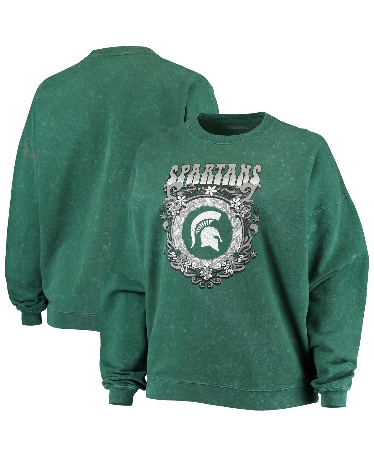 Women's ZooZatz Green Michigan State Spartans Garment Wash Oversized Vintage-Like Pullover Sweatshirt - Green