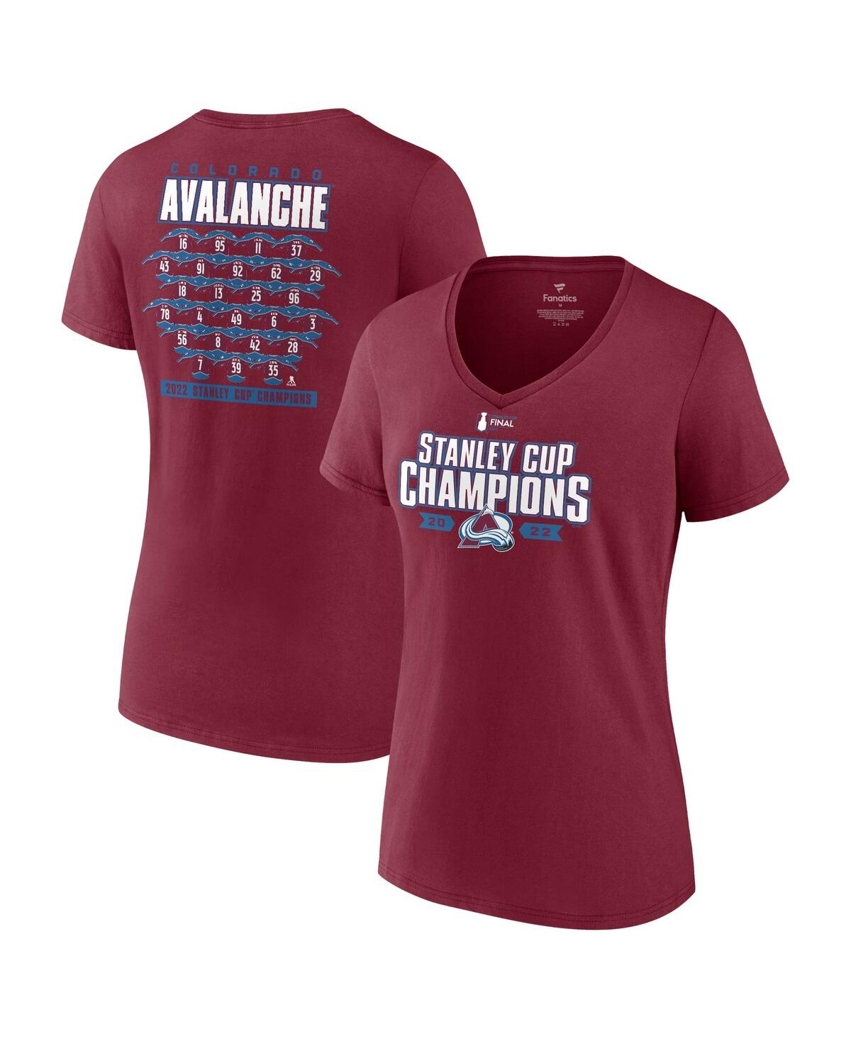 Shop Fanatics Women's  Burgundy Colorado Avalanche 2022 Stanley Cup Champions Jersey Roster V-neck T-shirt